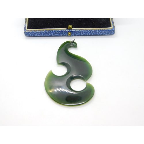 New Zealand Maori Nephrite Jade Koru Fish Hook Large Pendant Antique c1930 Deco