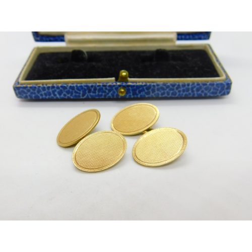 Pair of 9ct Yellow Gold Oval Form Engine Turned Cufflinks Antique 1928 Art Deco