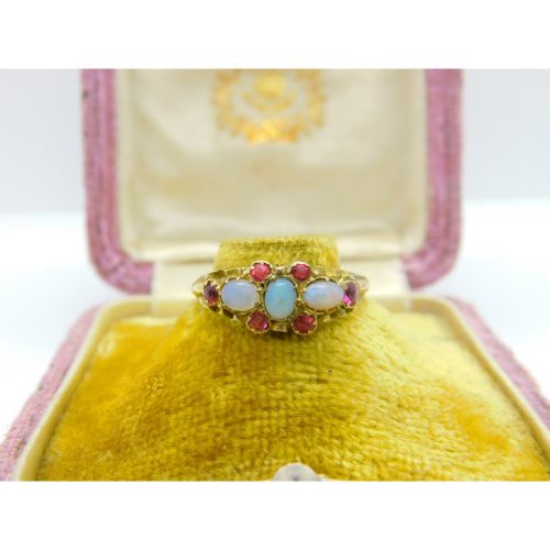 Regency 18ct Yellow Gold, Water Opal & Ruby Floral Band Ring Antique c1840