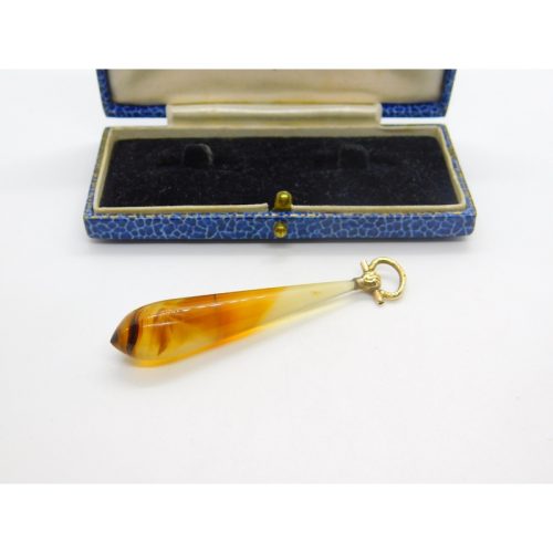 Victorian 15ct Gold & Torpedo Carved Banded Agate Drop Pendant Antique c1860