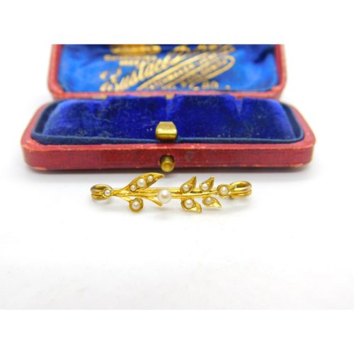 Victorian 15ct Yellow Gold & Seed Pearl Set Sweetheart Brooch Art Nouveau c1890