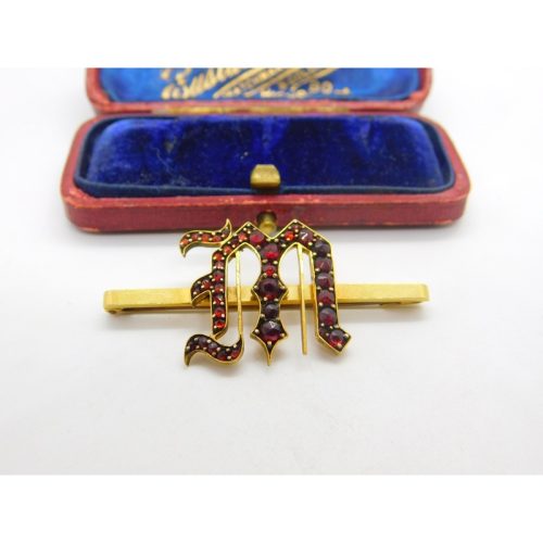 Victorian 9ct Yellow Gold Bohemian Garnet Set ‘M Initial Brooch Antique c1860