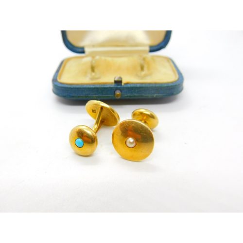 Victorian Boxed Pair of 18ct Gold, Turquoise & Pearl Set Cufflinks Antique 1900