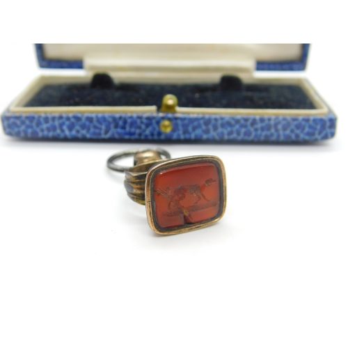 Victorian Rolled Gold & Carved Carnelian Hound Dog Intaglio Fob Seal AF c1850