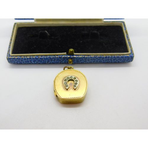 Victorian Yellow Metal & Seed Pearl Good Luck Horseshoe Locket ‘A.C Pike’ c1860