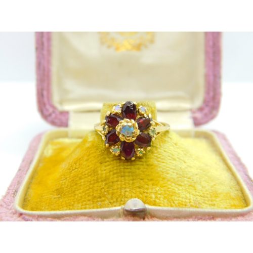 14ct Gold, Almandine Garnet & Water Opal Cluster Ring Antique c1920 Art Deco