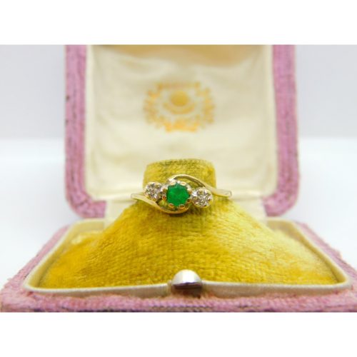 14ct Yellow Gold, Emerald & Diamond Crossover Ring Vintage c1970