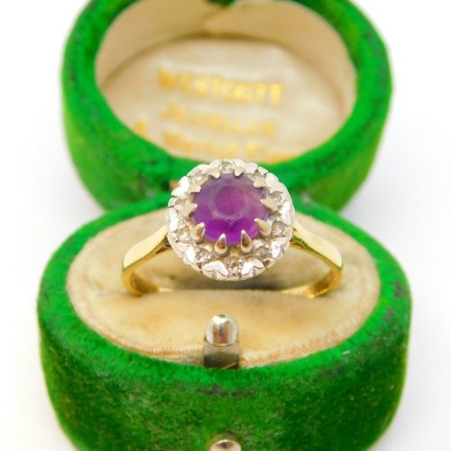 18ct Yellow Gold, Amethyst & Diamond Floral Cluster Ring Vintage 1983 London