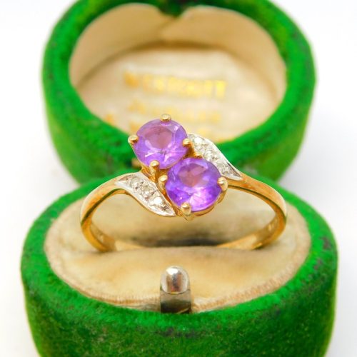 9ct Gold, Amethyst & Diamond Toi et Moi Crossover Ring Vintage c1970
