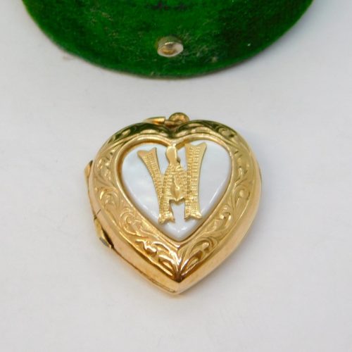 9ct Gold & Mother of Pearl ‘W’ Initial Sweetheart Locket Pendant Antique c1920