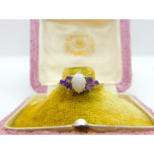 9ct Yellow Gold, Amethyst & Cabochon Opal Band Ring 1982 London Vintage