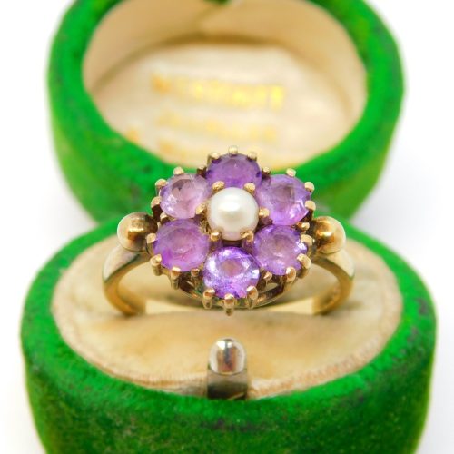 9ct Yellow Gold, Amethyst & Pearl Set Floral Cluster Ring Antique c1940 Deco