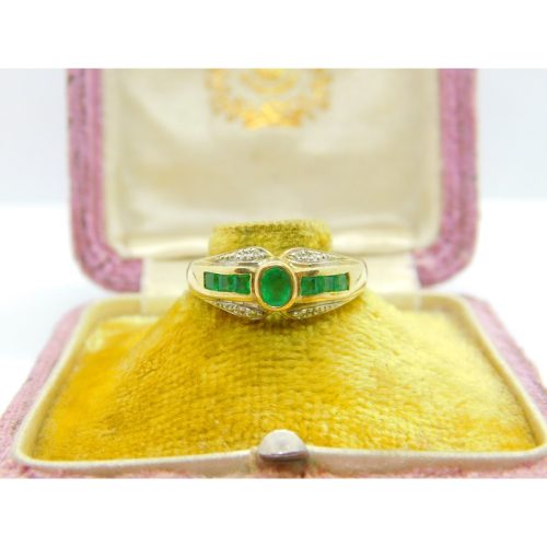 9ct Yellow Gold Baguette Cut Colombian Emerald & Diamond Band Ring Vintage