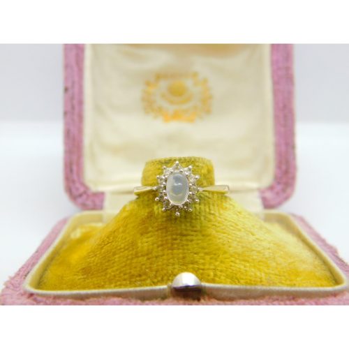 9ct Yellow Gold, Cabochon Moonstone & Diamond Cluster Ring 1985 London Vintage