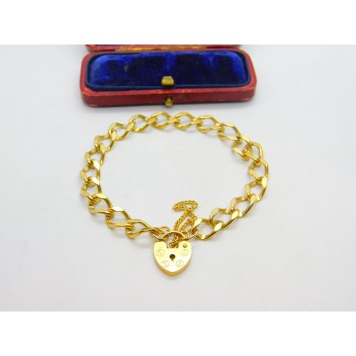 9ct Yellow Gold Curb Link Charm Bracelet with Heart Lock Clasp Vintage Sheffield