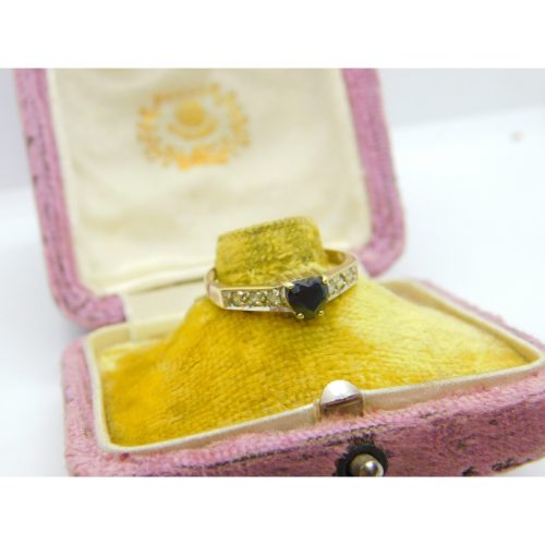 9ct Yellow Gold, Heart Cut Sapphire & Diamond Band Ring 1986 Birmingham Vintage