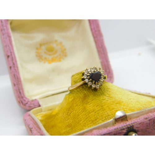 9ct Yellow Gold, Heart Cut Sapphire & Paste Band Ring Vintage 1985 London