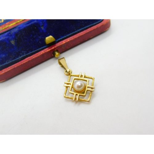 9ct Yellow Gold Modernist Pearl Set Deco Style Drop Pendant 1994 Birmingham