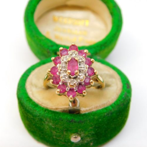 9ct Yellow Gold, Ruby & Diamond Floral Cluster Ring Vintage 1989 London