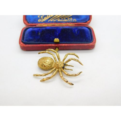 9ct Yellow Gold Spider Brooch Pin with Sapphire Eyes Vintage c1970 Birmingham