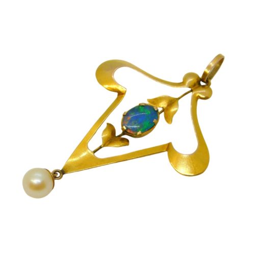 Edwardian 9ct Gold, Doublet Opal & Pearl Lavalier Drop Pendant Antique c1910