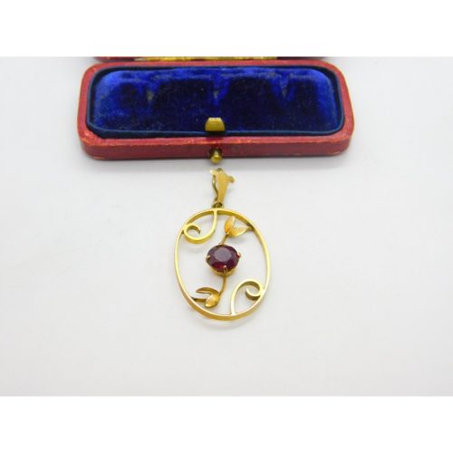 Edwardian 9ct Gold & Garnet Set Floral Pattern Lavalier Drop Pendant c1910