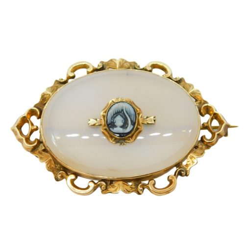 Victorian 15ct Gold, Chalcedony Agate & Hardstone Urn Mourning Brooch Antique c1860