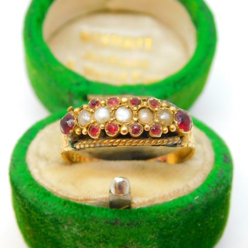 Victorian 15ct Yellow Gold, Garnet & Pearl Set Boat Ring Antique 1876 Chester