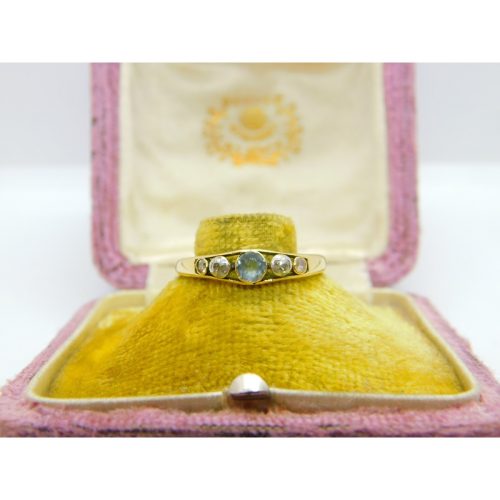 Victorian 18ct Gold, Aquamarine & 0.15ct Diamond Band Ring Antique c1900