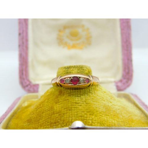 Victorian 18ct Rose Gold, Ruby & Diamond Boat Ring 1885 Birmingham Antique AF