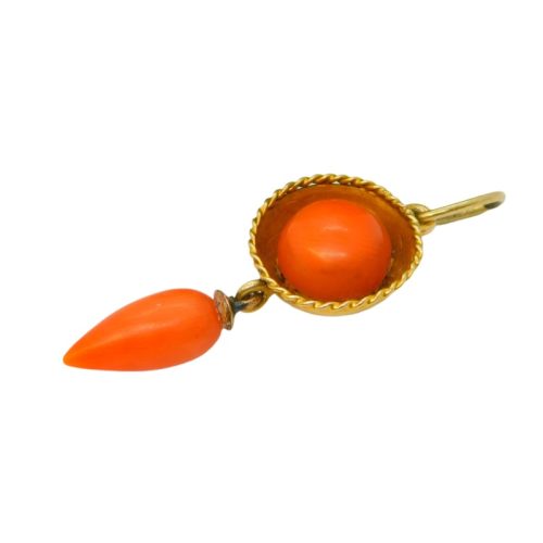 Victorian 18ct Yellow Gold Red Coral Torpedo Drop Pendant Antique c1860