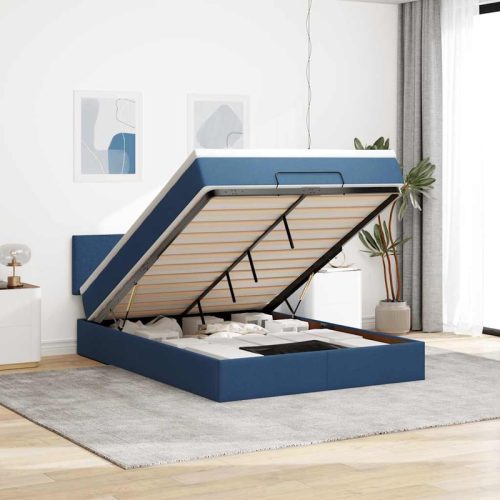 Cadre de lit ottoman avec matelas bleu 140×200 cm tissu