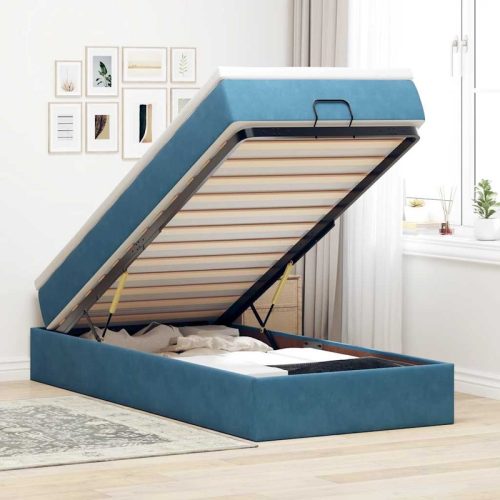Cadre de lit ottoman avec matelas bleu fonc 90×190 cm velours