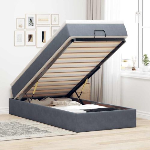 Cadre de lit ottoman avec matelas gris fonc 90×190 cm velours
