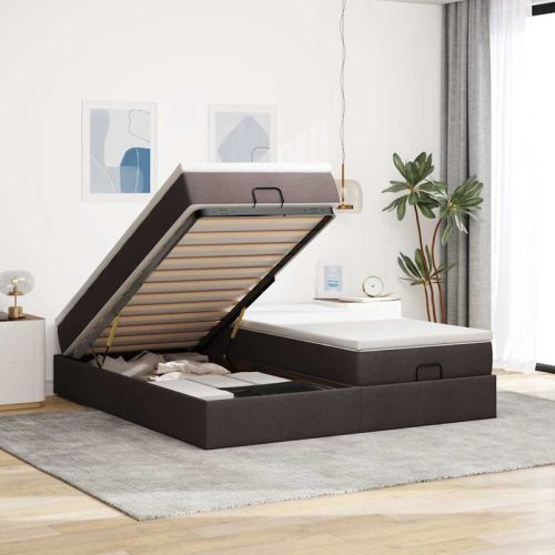 Cadre de lit ottoman avec matelas marron fonc 180×200 cm tissu