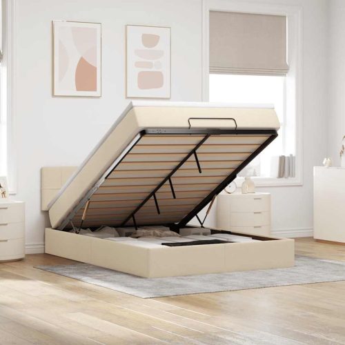 Lit ottoman avec matelas et LED crme 140×200 cm tissu